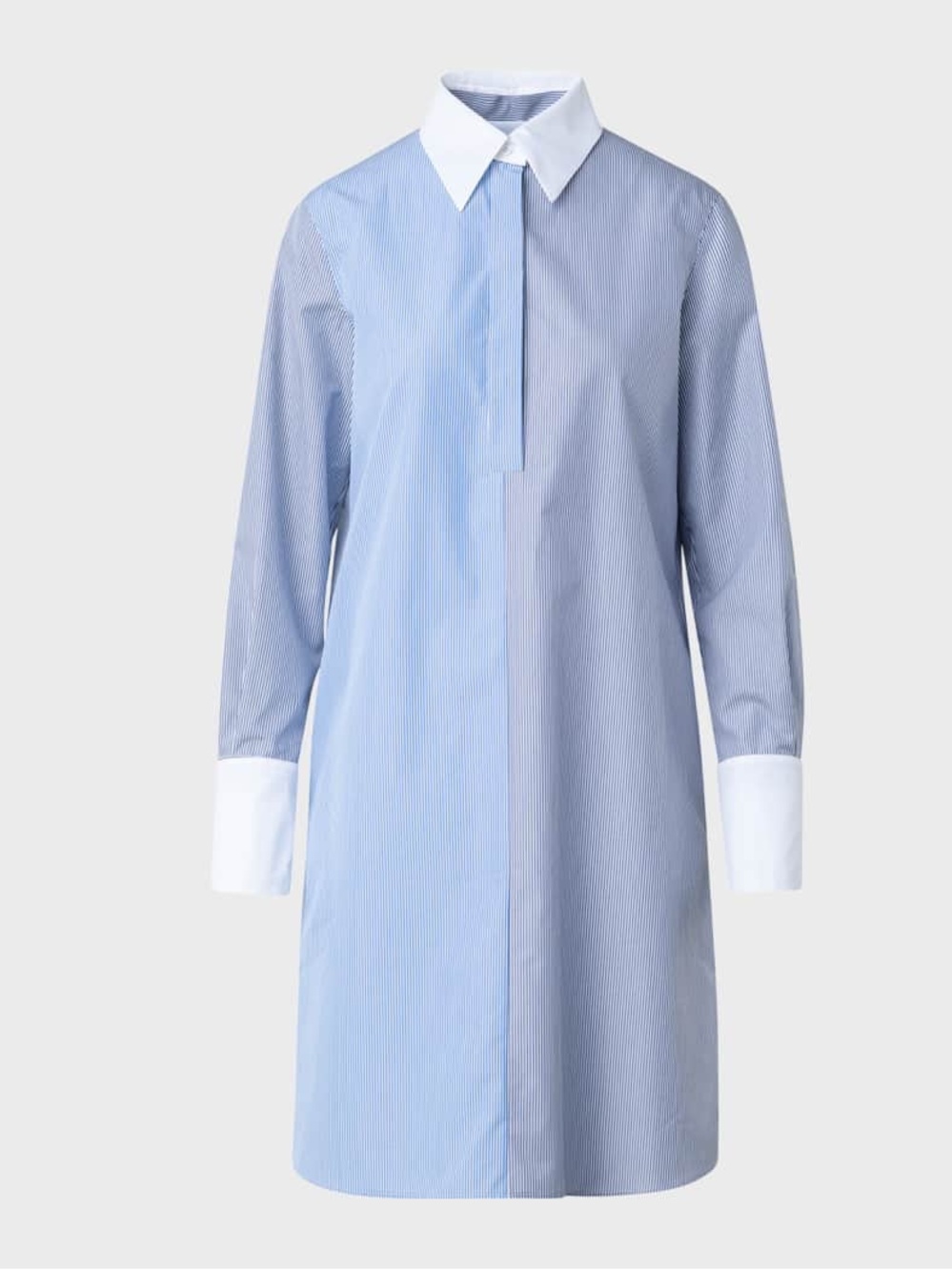 AKRIS Punto Dress Sheath Long Sleeve Blue Stripe White Collar Cuffs Cotton 8